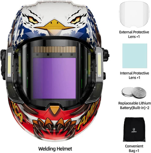 Complete Andeli welding helmet kit includes external/internal protective lenses, built-in batteries & storage bag.