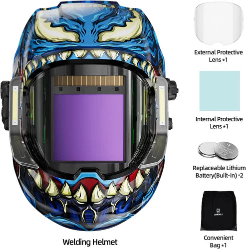 Complete Andeli welding helmet kit includes protective lenses, built-in batteries & storage bag.