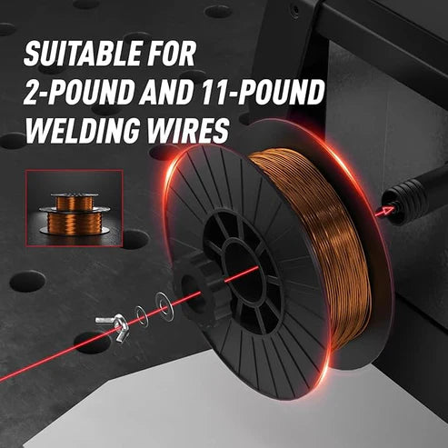 Synergic welder works with 2-pound & 11-pound welding wires, flexible for different project scales.