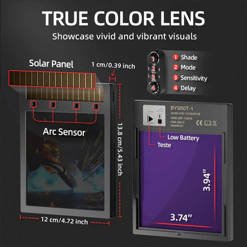 True color lens welding helmet with solar panel & 4 adjustable settings (shade, mode, sensitivity, delay), vivid visual experience.