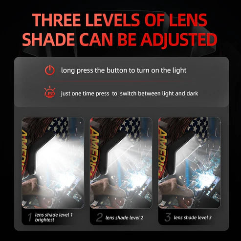 Welding helmet with adjustable lens shade, 3 brightness levels LED light, easy button control for light and dark mode
