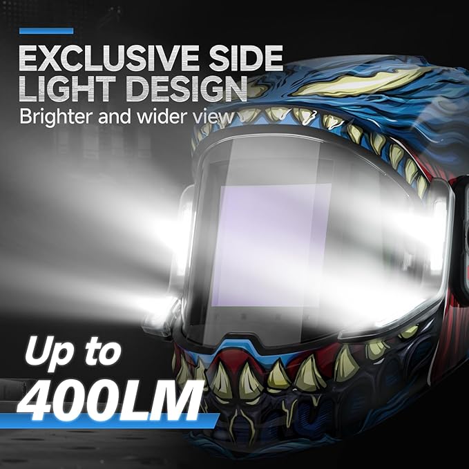 Welding helmet with exclusive side LED lights up to 400LM for brighter and wider visibility in low-light work areas