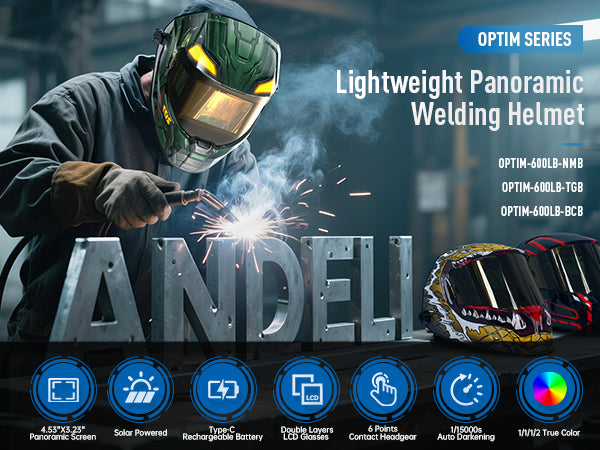RL-600LB Auto Darkening Welding Helmet, featuring a large viewing screen, solar-powered lens, and lightweight design for arc welding and grinding.