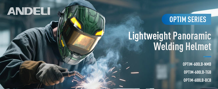 Worker using ANDELI Optim Series Lightweight Panoramic Welding Helmet in industrial workshop