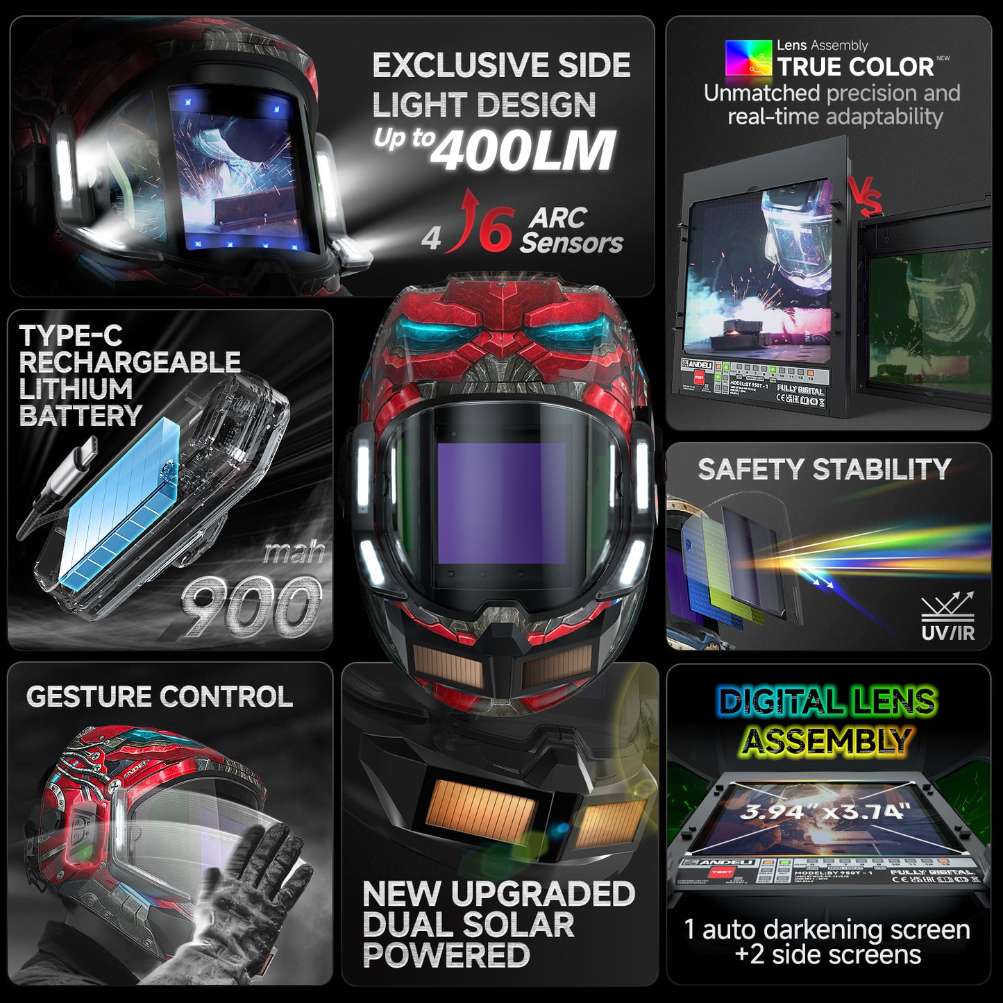 ANDELI Auto Darkening Welding Helmet with Light,Upgraded Solar Powered