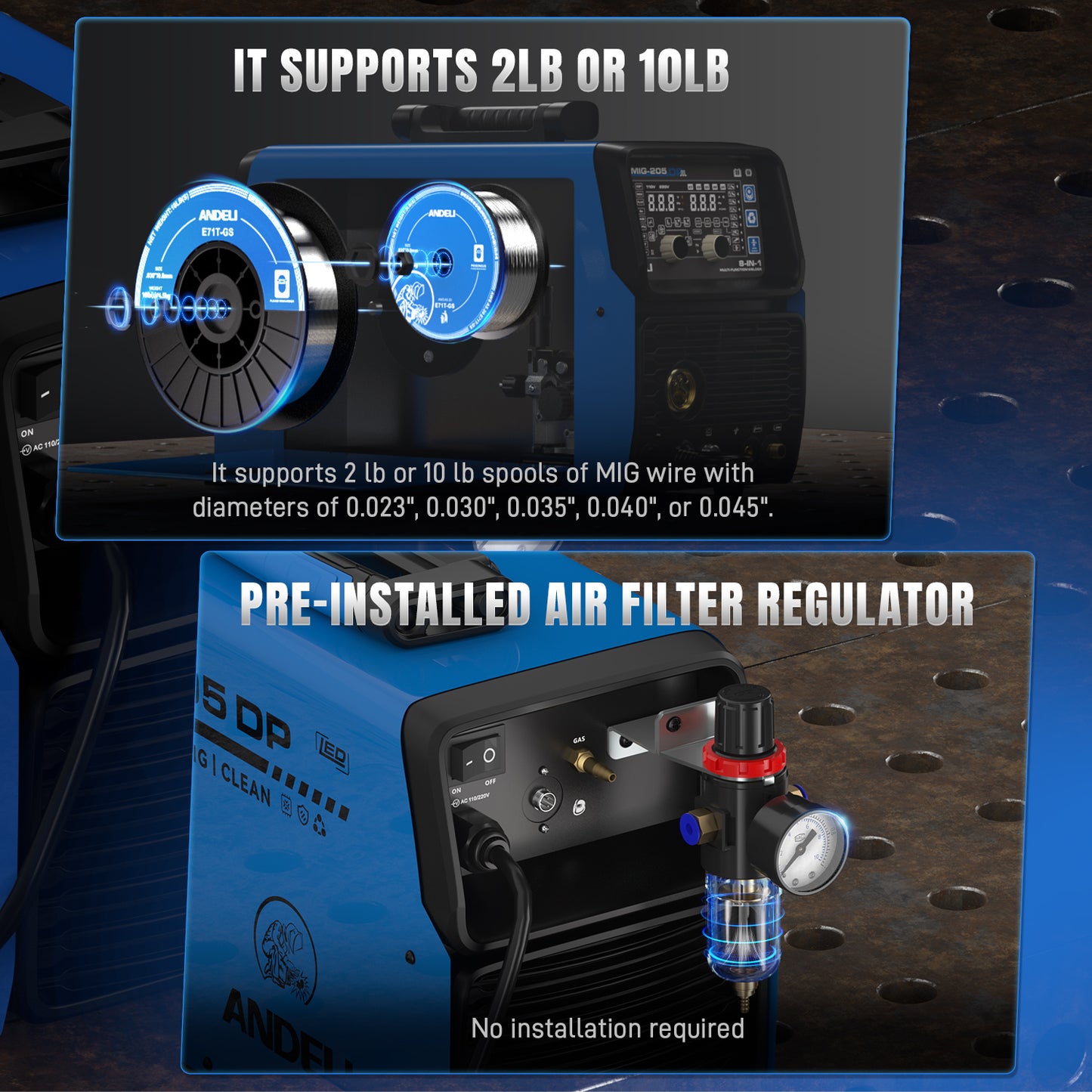 ANDELI MIG-205 DP 8-in-1 Pulsed MIG Welder & 50A Plasma Cutter Combo | 110/220V 200A。