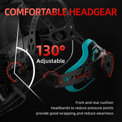 130° adjustable welding helmet headgear with front & rear cushion bands, reduces pressure points and weariness during use.
