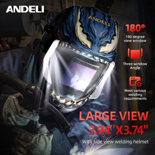 Andeli 180° large view welding helmet (3.94"x3.74") with side windows, meets various welding requirements.