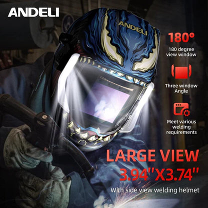 Andeli 180° large view welding helmet (3.94"x3.74") with side windows, meets various welding requirements.