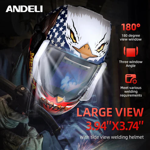 180° large view welding helmet (3.94"x3.74") with side windows, meets diverse welding requirements.