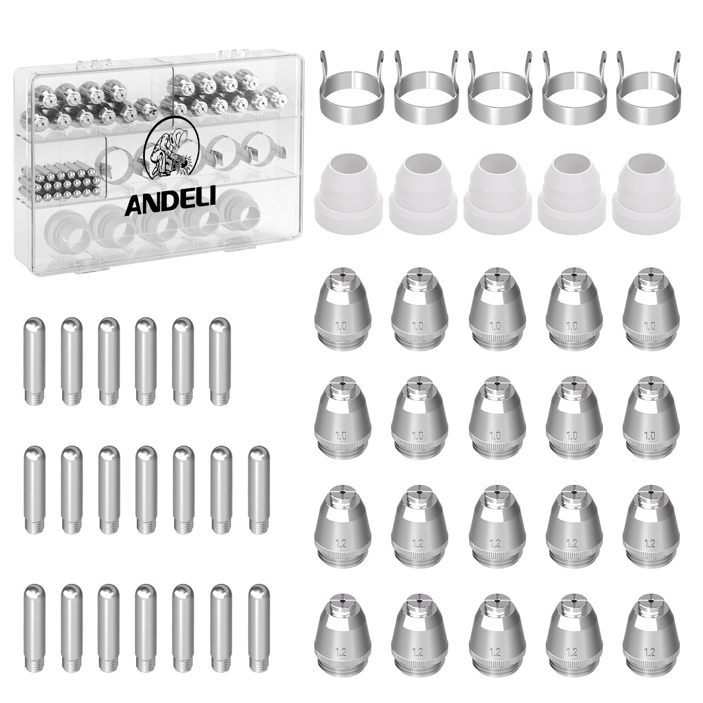 ANDELI AG60 Plasma Cutter Torch Consumables, 50Pcs Cutting Torch Tip Nozzles Kit with Box, Ceramic Cups for Multiple Pilot Arc Plasma Cutters (SG-55/AG-60 Compatible)