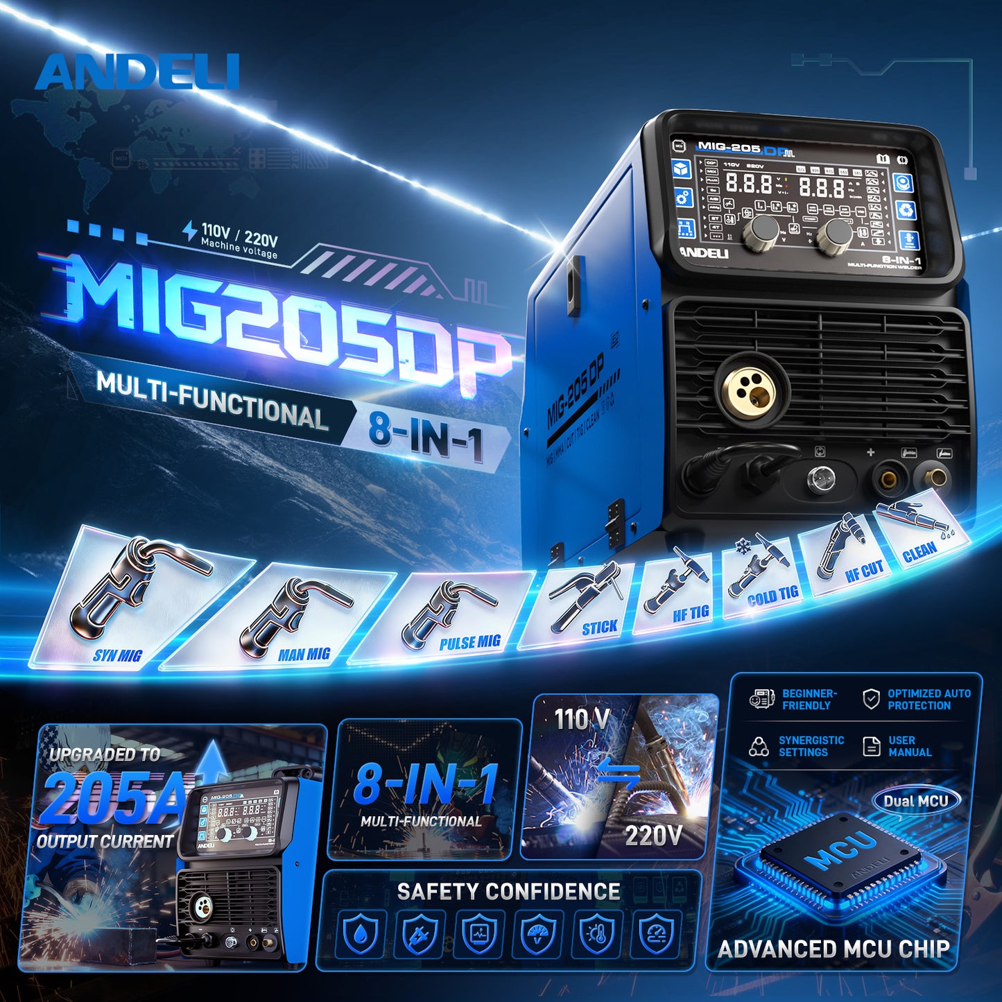 ANDELI MIG-205 DP 8-in-1 Pulsed MIG Welder & 50A Plasma Cutter Combo | 110/220V 200A。