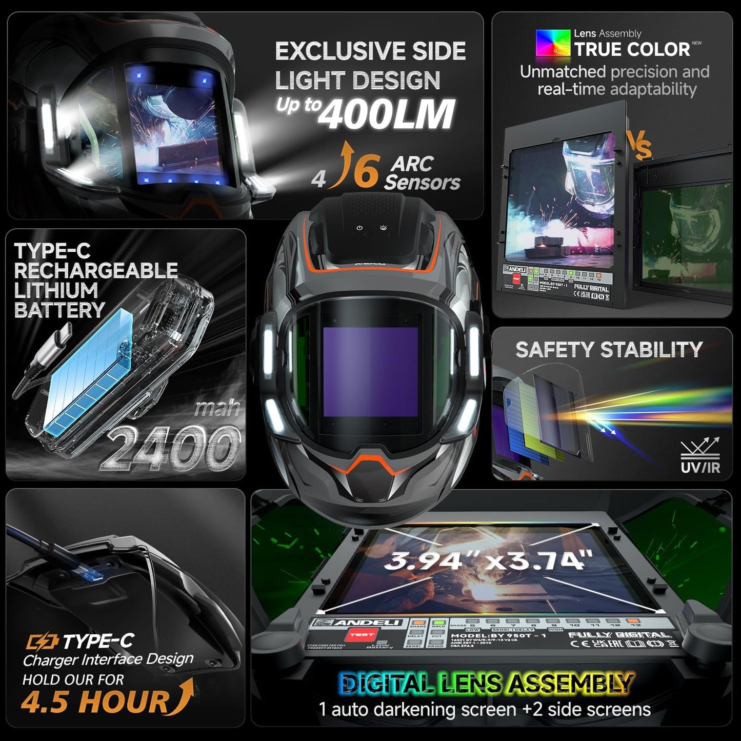 ANDELI Auto Darkening Welding Helmets with 4 LED Lights-MONER SERIES