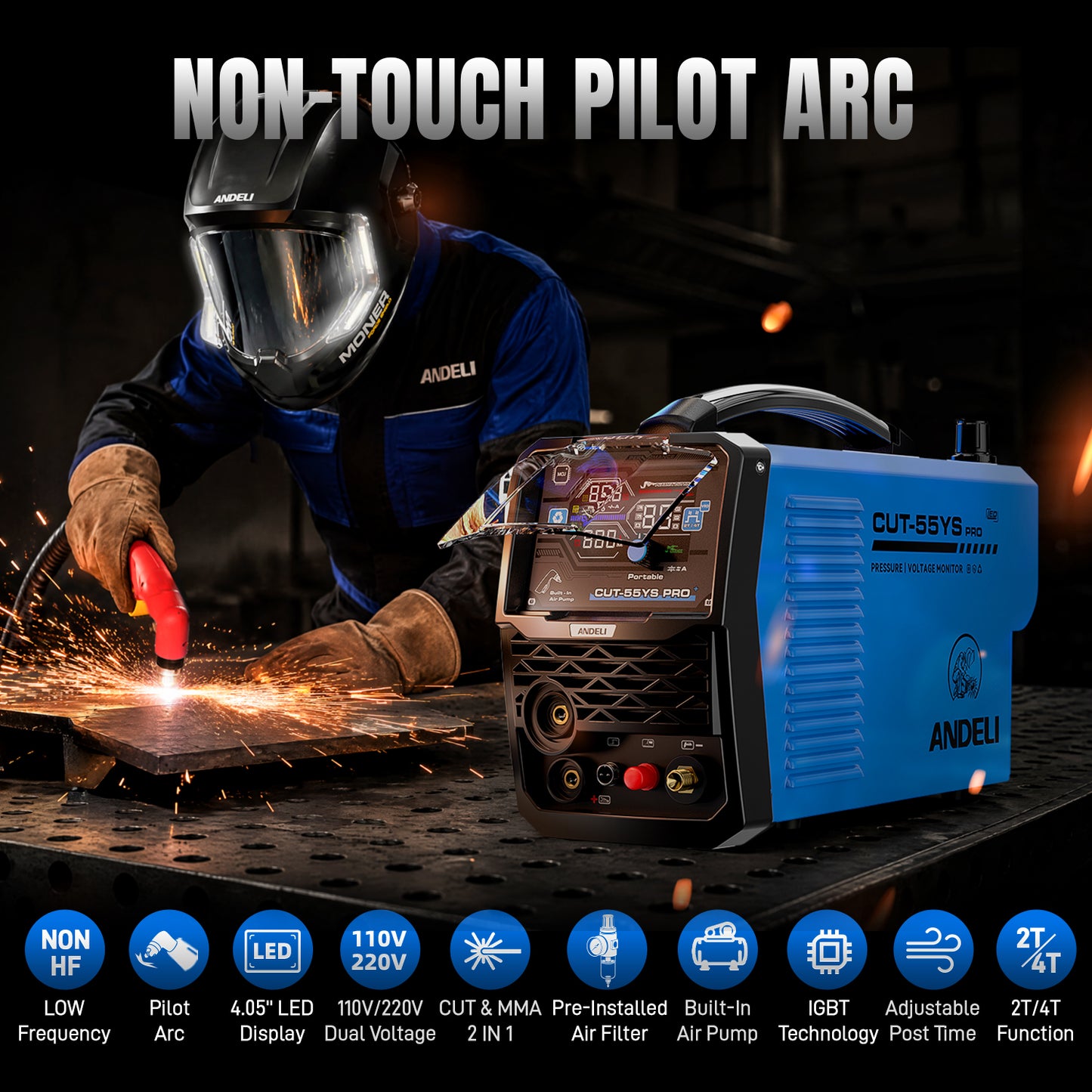 ANDELI 55A Plasma Cutter with Built-In Air Compressor, Non-HF Pilot Arc, 110V/220V Dual Voltage