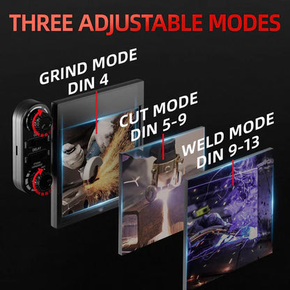 3-in-1 welding helmet with grind (DIN4), cut (DIN5-9), weld (DIN9-13) modes, versatile for different tasks.