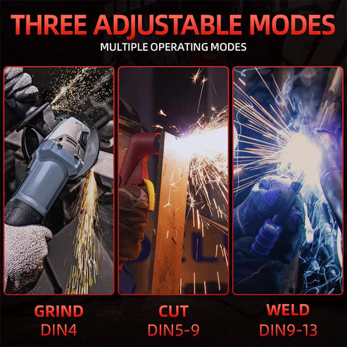 Welding helmet with 3 modes (Grind/DIN4, Cut/DIN5-9, Weld/DIN9-13), adapts to diverse tasks.