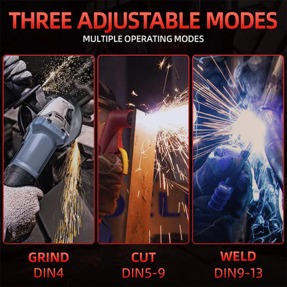 Welding helmet with 3 modes (Grind/DIN4, Cut/DIN5-9, Weld/DIN9-13), adapts to diverse tasks.