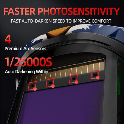 Welding helmet with 4 premium arc sensors, 1/25000s fast auto-darkening speed for enhanced eye protection.