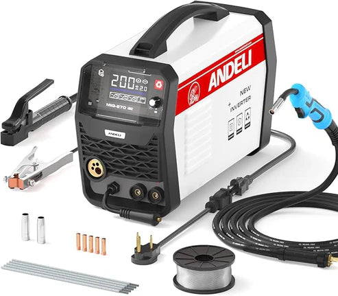 4-in-1 synergic welder with full accessory kit (MIG gun, wire, tips), ready for immediate welding tasks.