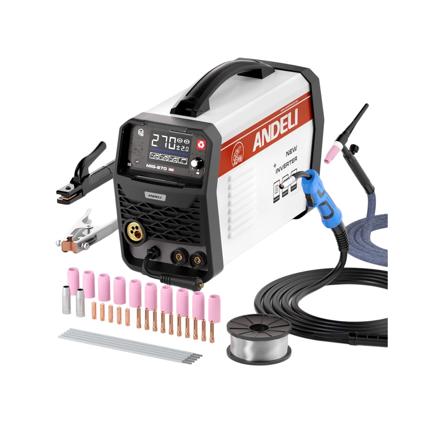 4-in-1 synergic welder with full accessory kit (MIG gun, wire, tips), ready for immediate welding tasks.