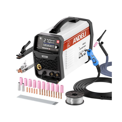 4-in-1 synergic welder with full accessory kit (MIG gun, wire, tips), ready for immediate welding tasks.