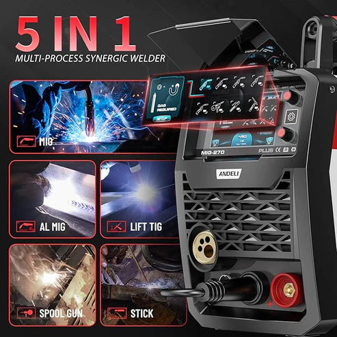5-in-1 synergic welder (MIG/AL MIG/Lift TIG/Spool Gun/Stick), versatile for diverse welding applications.