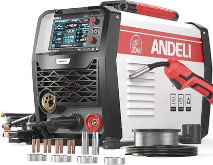 5-in-1 synergic welder with full accessory kit (MIG gun, wire, tips), ready for immediate welding tasks.