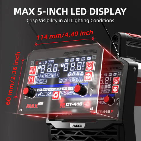 Welding machine with 5-inch LED display, crisp visibility in bright/dim lighting.