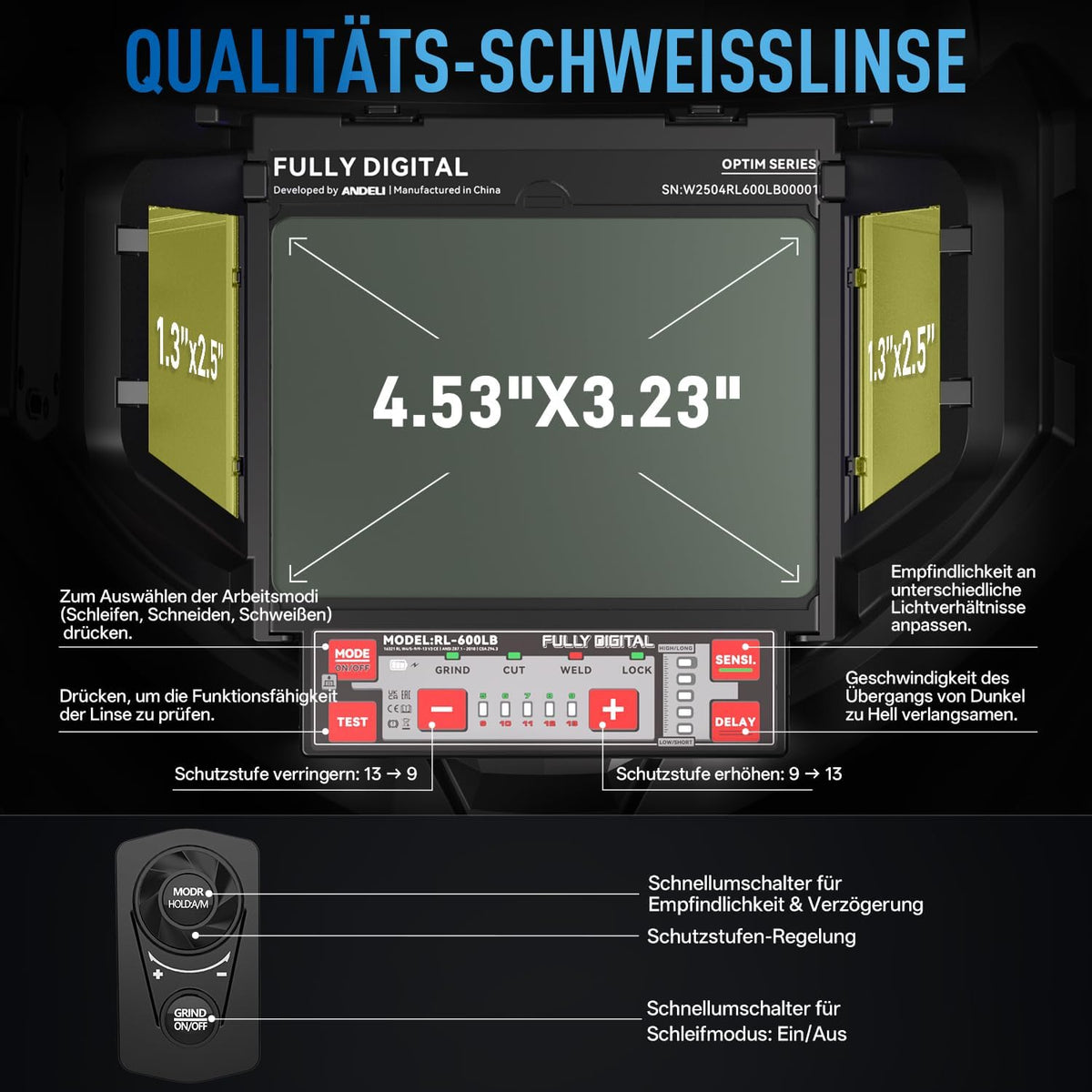ANDELI Automatik-Schweißhelm mit 2 LED-Leuchten – OPTIM SERIE