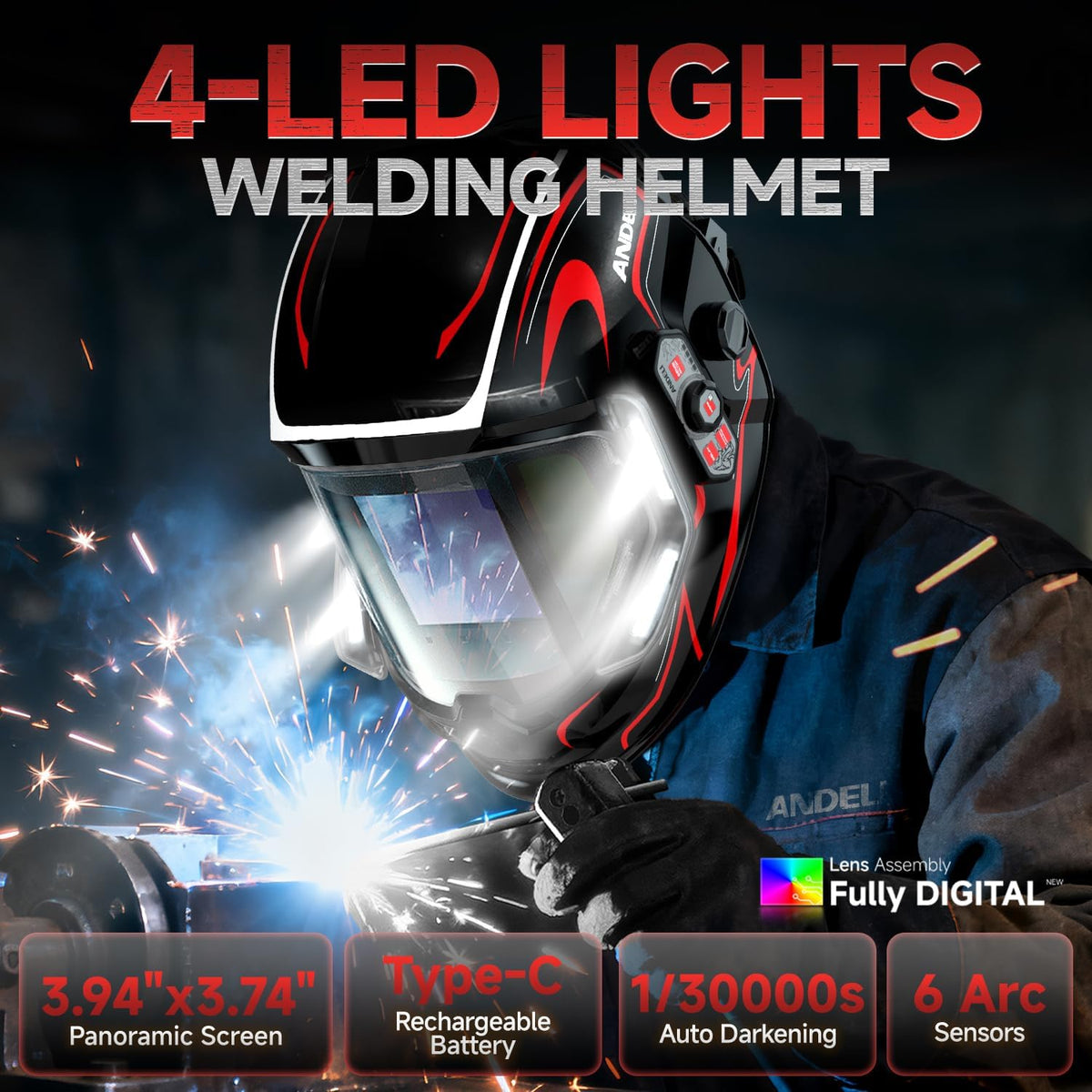 ANDELI MONERRC LED PRO Automatik-Schweißhelm + 2 Ersatzlinsen