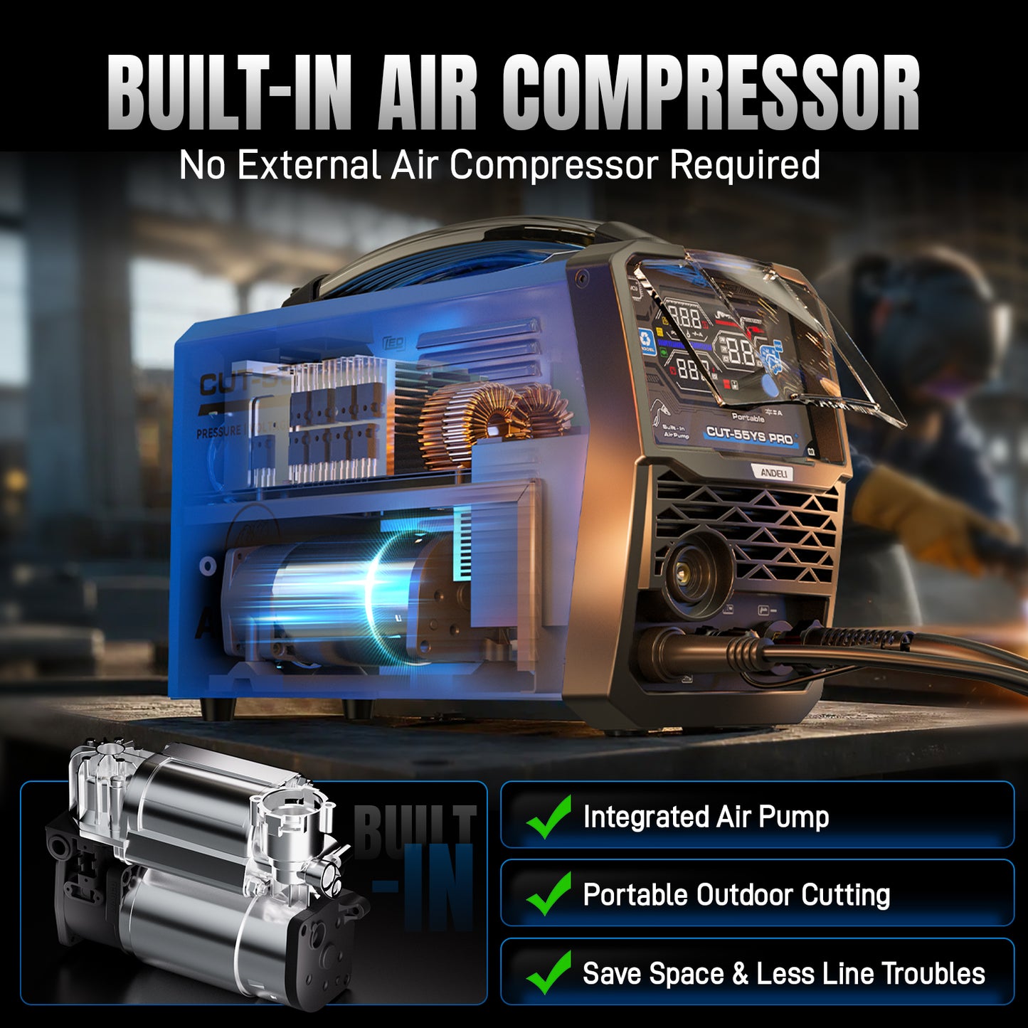 ANDELI 55A Plasma Cutter with Built-In Air Compressor, Non-HF Pilot Arc, 110V/220V Dual Voltage