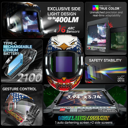 ANDELI Auto Darkening Welding Helmets with 4 LED Lights-American Eagle（2100mAh）