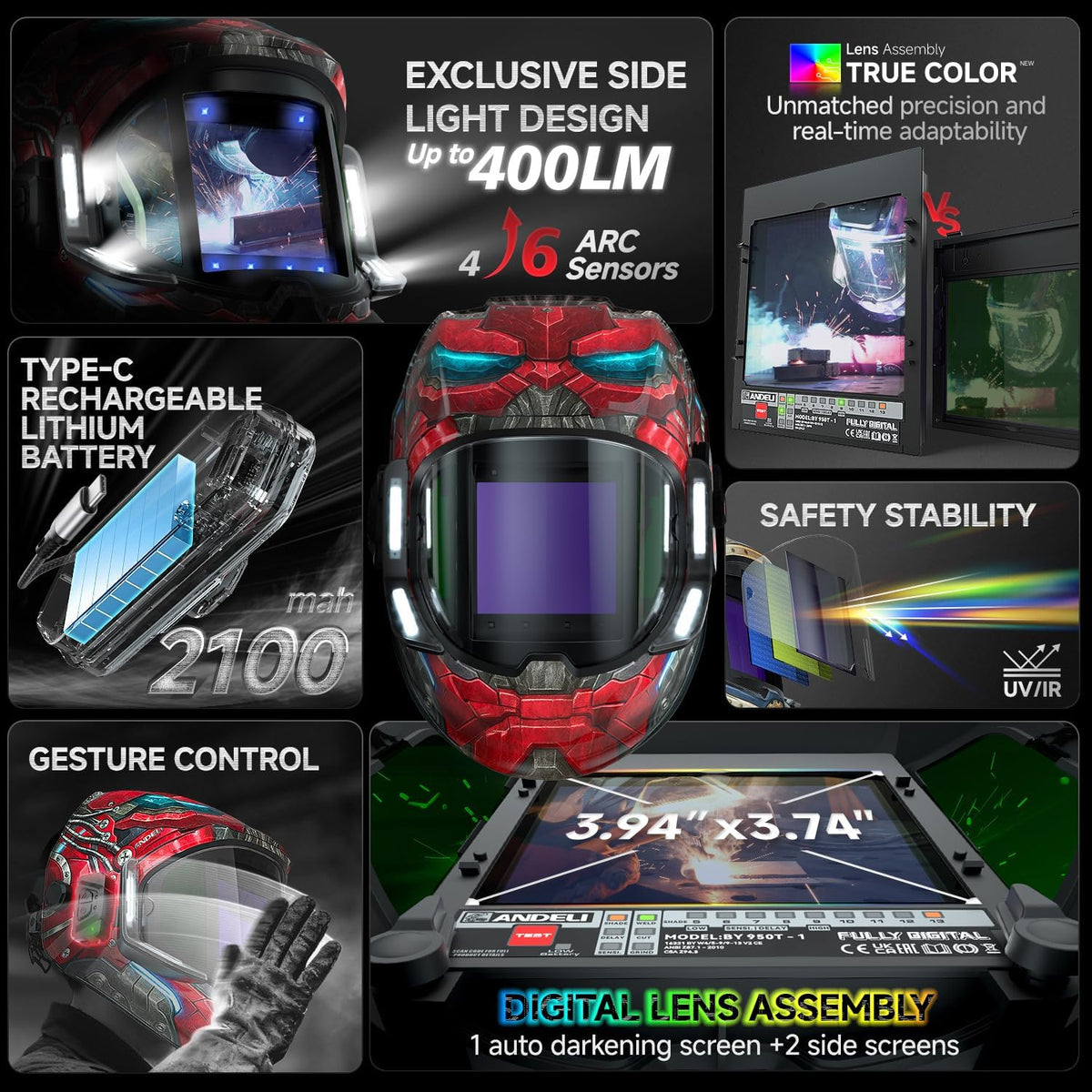 ANDELI Auto Darkening Welding Helmets with 4 LED Lights-Rogue Roar（2100mAh）