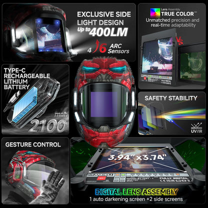 ANDELI Auto Darkening Welding Helmets with 4 LED Lights-Rogue Roar（2100mAh）