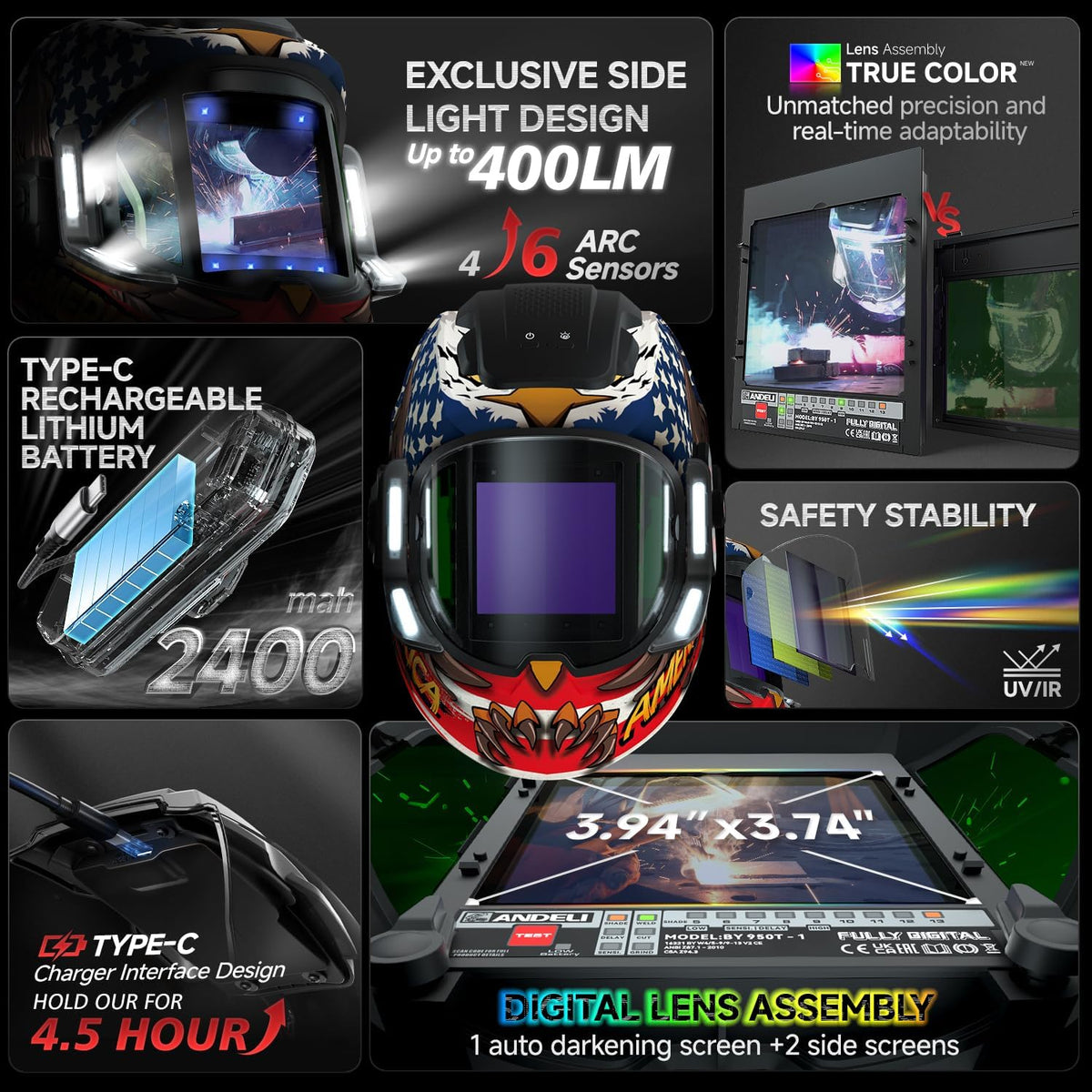 ANDELI Auto Darkening Welding Helmets with 4 LED Lights-American Eagle（2400mAh）