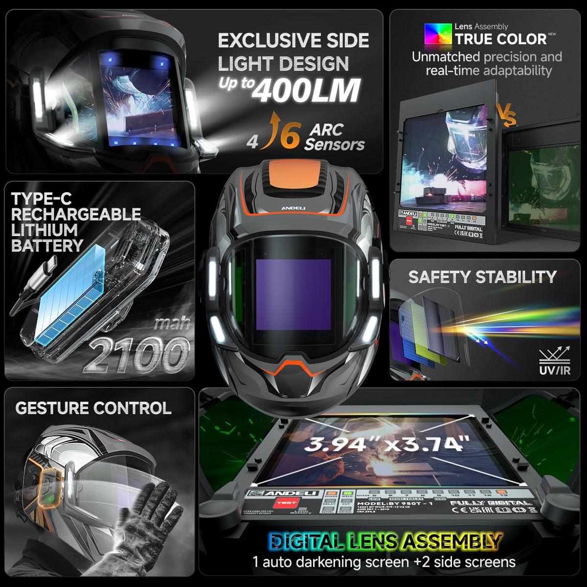 ANDELI Auto Darkening Welding Helmets with 4 LED Lights-Grey Knights（2100mAh）