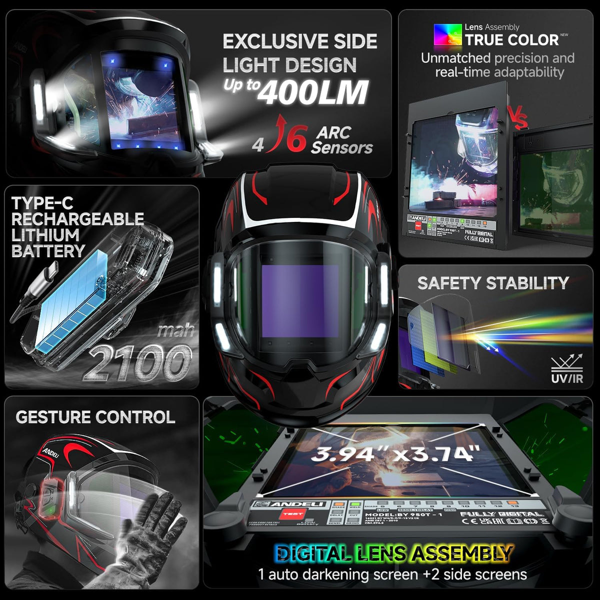 ANDELI MONERRC LED PRO Automatik-Schweißhelm + 2 Ersatzlinsen