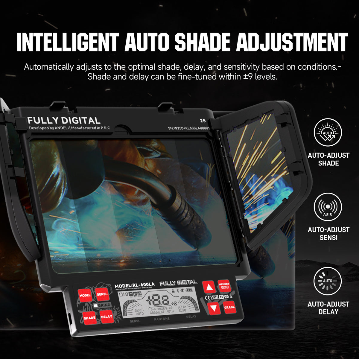 ANDELI Auto-Adjust Welding Helmet with Fan and Light，3-Sided Auto Darkening