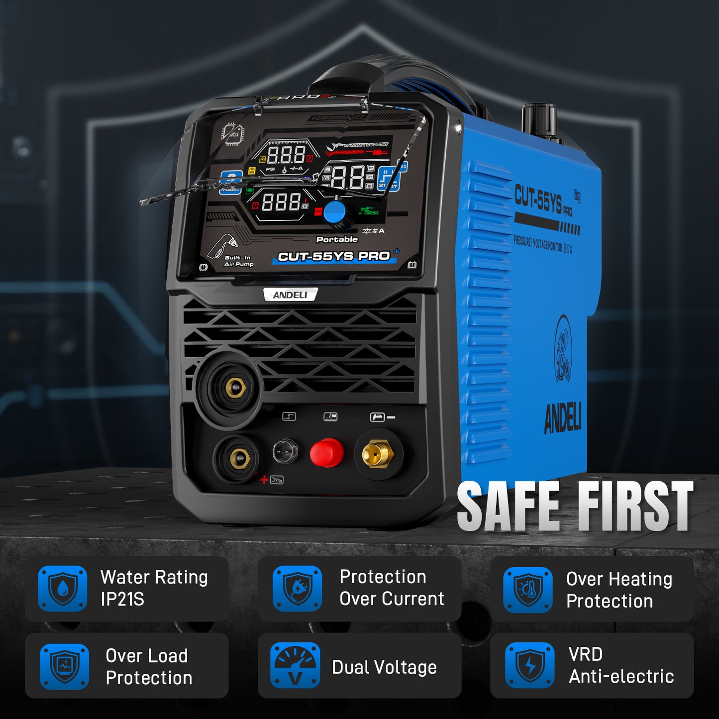 ANDELI 55A Plasma Cutter with Built-In Air Compressor, Non-HF Pilot Arc, 110V/220V Dual Voltage