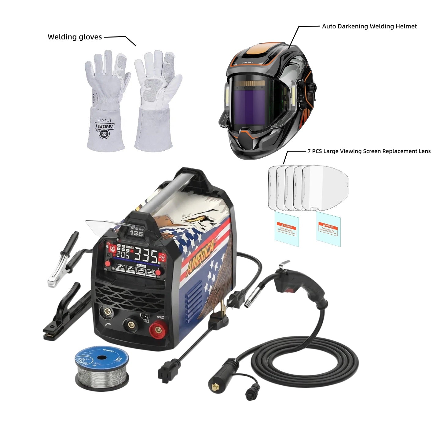 ANDELI 135A Dual Voltage Flux Core MIG Welder Kit (110V/220V) – MIG/Lift TIG/Stick