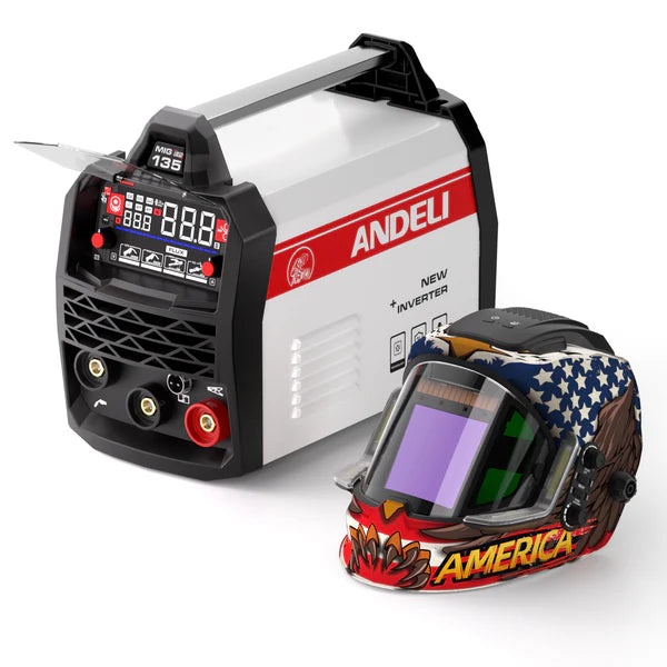 MIG-135Plus MIG Welder with MONERAE LED PRO Auto Darkening Welding Helmet for maximum protection and performance.