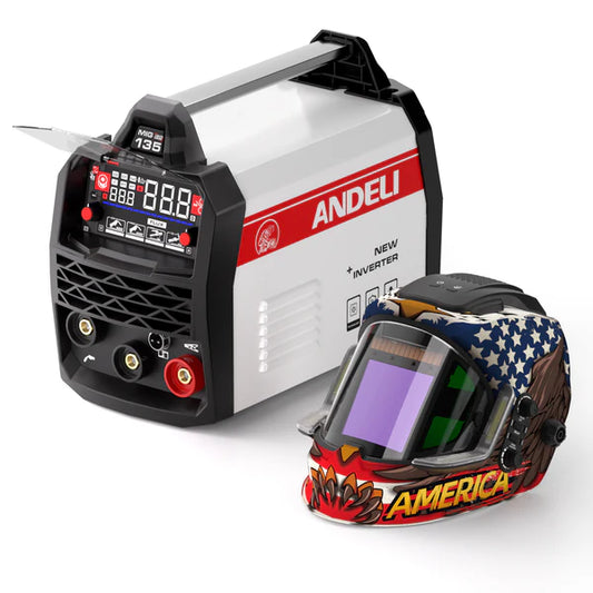 MIG-135Plus MIG Welder with MONERAE LED PRO Auto Darkening Welding Helmet for maximum protection and performance.
