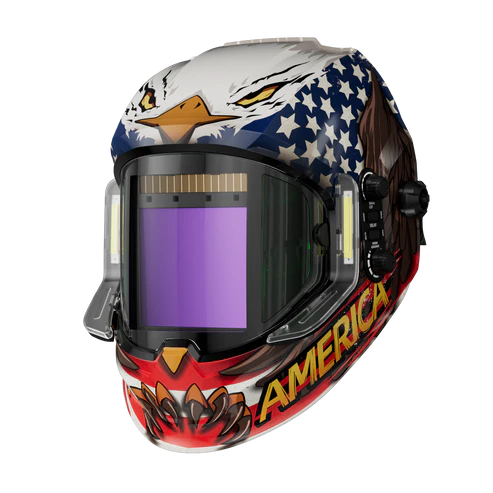 Patriotic American eagle design auto-darkening welding helmet with large view window, ideal for professional welding tasks.