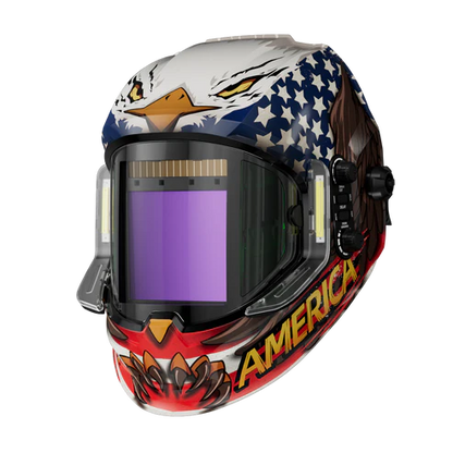 Patriotic American eagle design auto-darkening welding helmet with large view window, ideal for professional welding tasks.