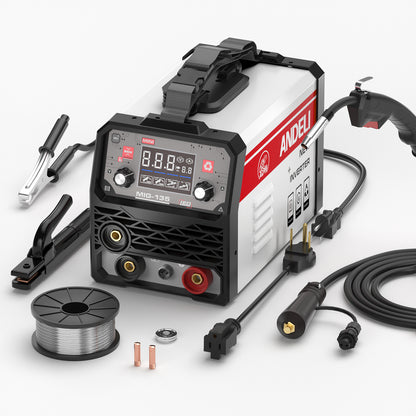 ANDELI 135Amp 3-in-1 flux MIG welder 110V kit front left view with torch and cables