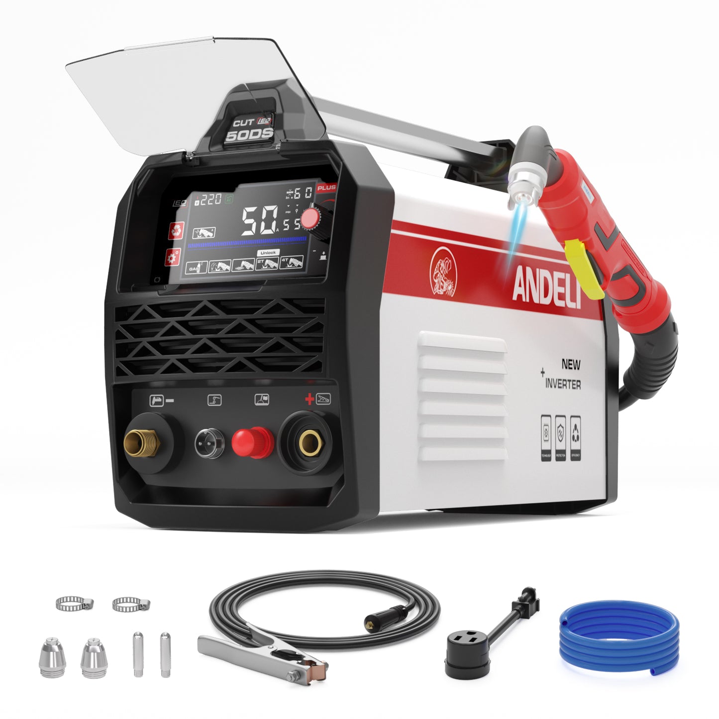 ANDELI 50A pilot arc plasma cutter kit front left view with torch and cables