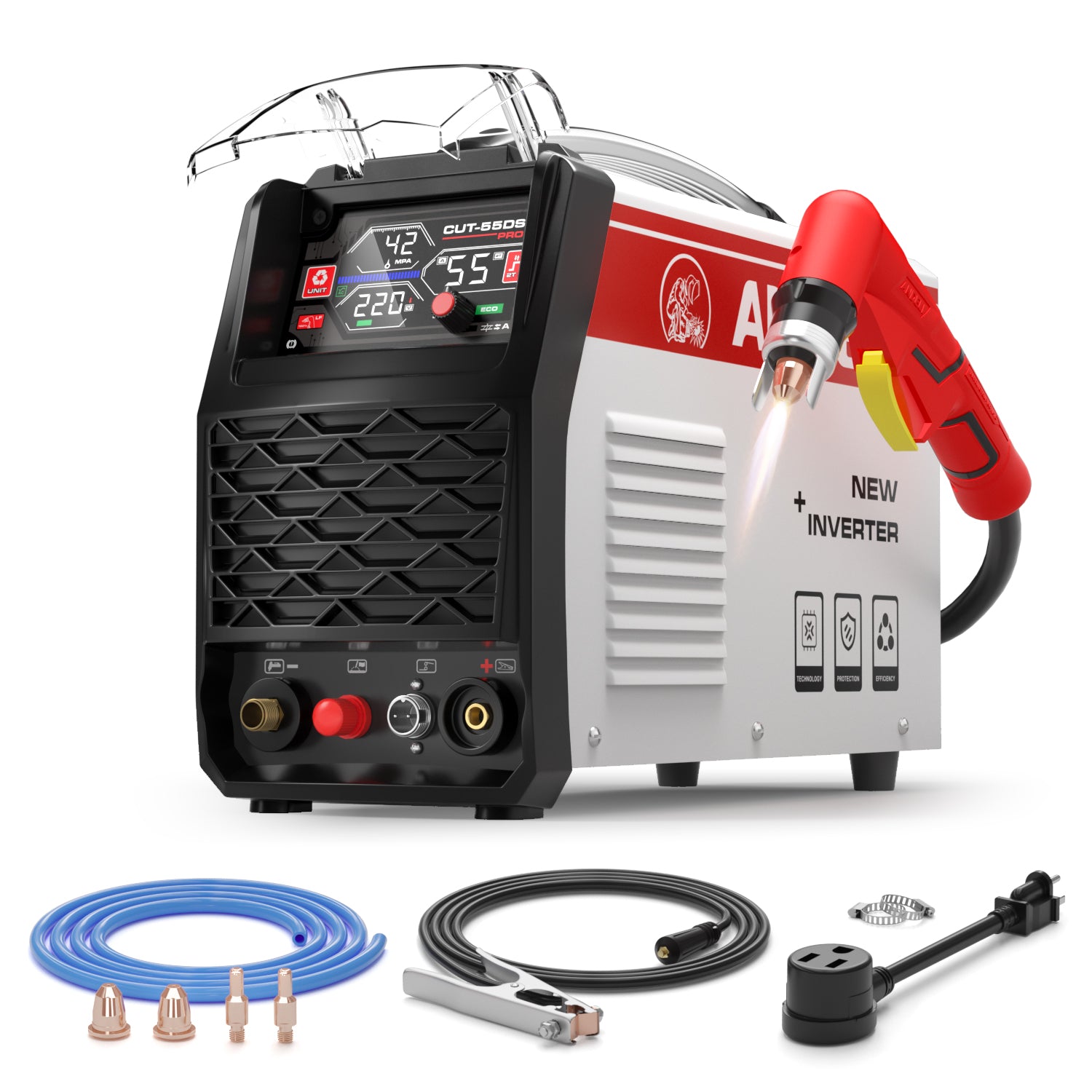 ANDELI 55A 4-in-1 plasma cutter kit front left view with torch and cables