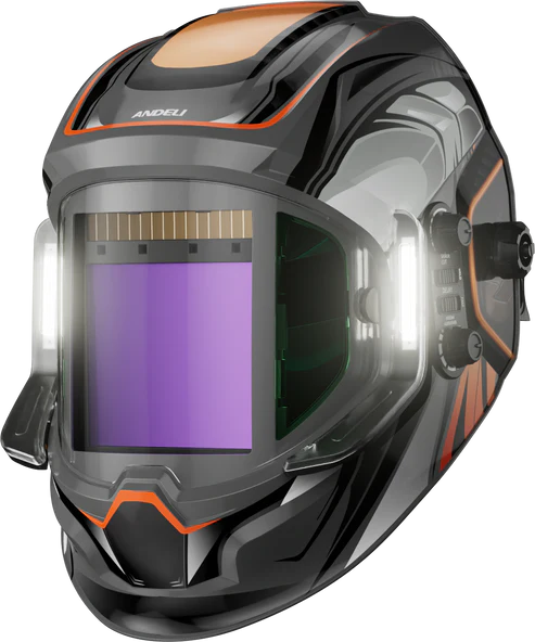 Andeli black & orange auto-darkening welding helmet with built-in lights, sleek design for professional use.