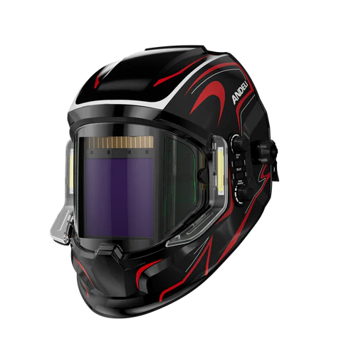 Professional large viewing area welding helmet with dual side LED lights for dark environments