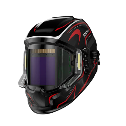 Professional large viewing area welding helmet with dual side LED lights for dark environments